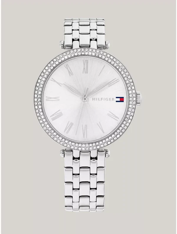 34MM Crystal Bezel Silver Dial Watch